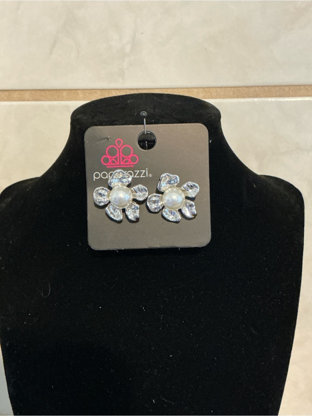 Paparazzi White Pearl and Crystal Flower Stud Earrings